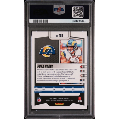 Graded 2023 Panini Absolute Puka Nacua #189 Rookie RC Football Card PSA 10 Gem Mint | PSA 10 Gem Mint Graded Rookie Card | vintageantiquesgifts.com