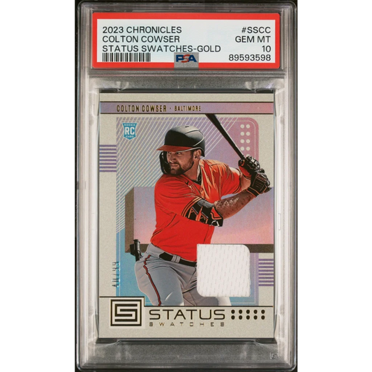 Graded 2023 Panini Chronicles Colton Cowser #SSCC Status Swatches Gold #/99 Rookie RC Baseball Card PSA 10 Gem Mint | Hall of Fame Sports Memorabilia | vintageantiquesgifts.com