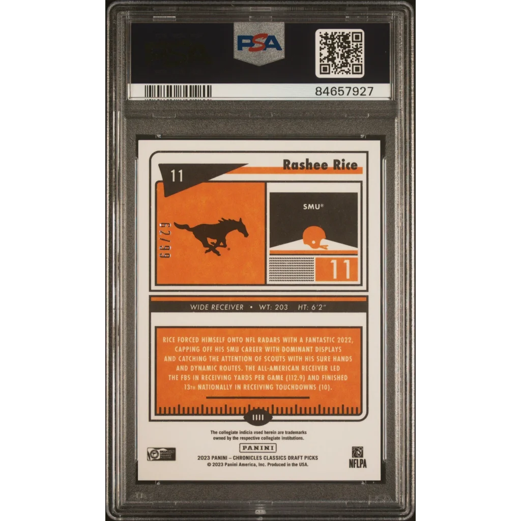 PSA Graded Rashee Rice NFL Chronicles Draft Picks trading card featuring graded football card