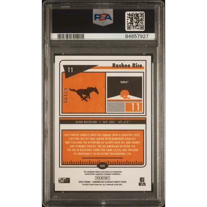 Graded 2023 Panini Chronicles DP Rashee Rice #11 Classics Premium Edition Blue #/99 Rookie RC Football Card PSA 10 Gem Mint | PSA 10 Gem Mint Graded Rookie Card | vintageantiquesgifts.com