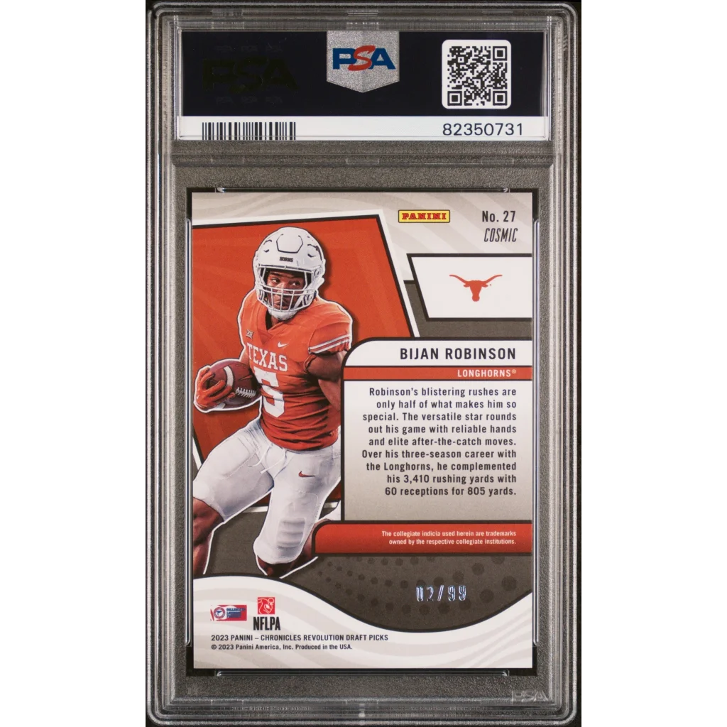 Graded Bijan Robinson #27 Revolution Cosmic rookie card PSA 10 in Longhorns jersey
