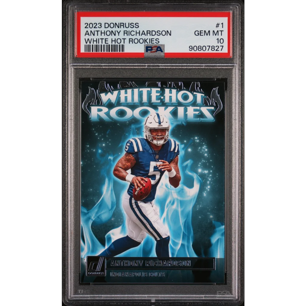Graded 2023 Donruss Anthony Richardson White Hot Rookies football card with Gem Mint 10 rating