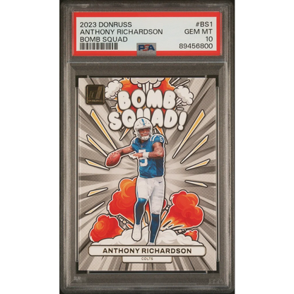 2023 Donruss Anthony Richardson Bomb Squad football trading card in PSA graded rookie card display