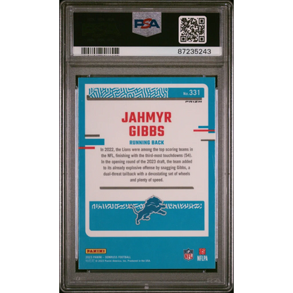 PSA Graded Jahmyr Gibbs Pink Optic Rookie Card football trading card image