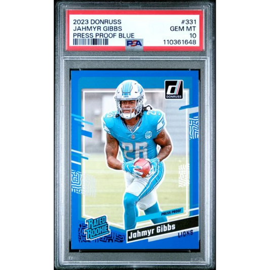 Graded 2023 Panini Donruss Jahmyr Gibbs #331 Press Proof Blue Rookie RC Football Card PSA 10 Gem Mint | Hall of Fame Sports Memorabilia | vintageantiquesgifts.com