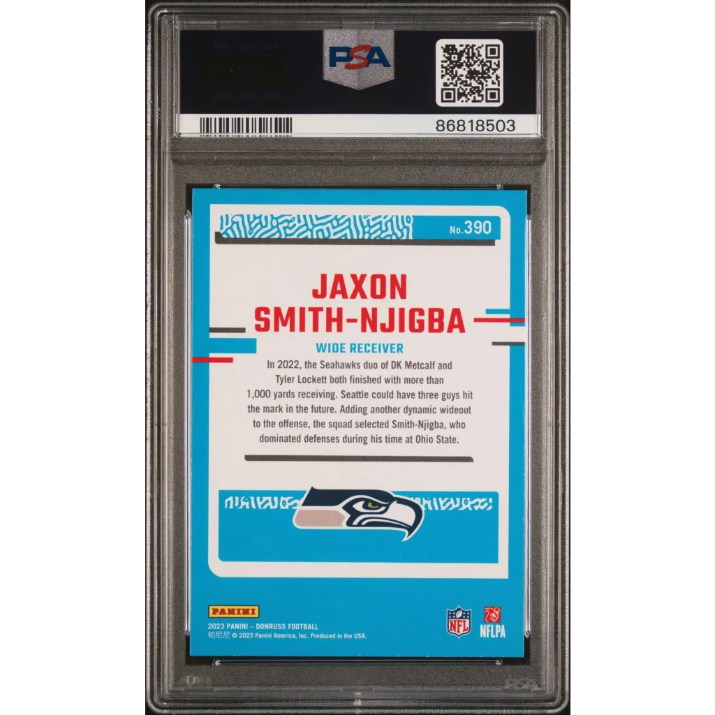 Blue and white graded 2023 panini donruss jaxon smith-njigba rookie football card psa 10 gem mint in protective slab