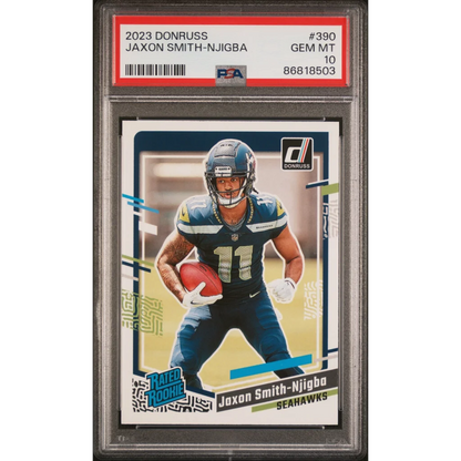 Graded 2023 panini donruss jaxon smith-njigba 390 rookie football card encased in psa 10 gem mint protective slab
