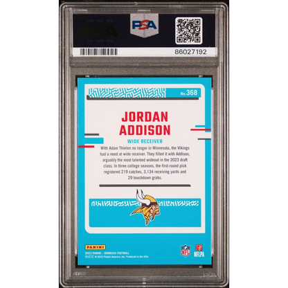 Graded 2023 Panini Donruss Jordan Addison #368 Rookie RC Football Card PSA 10 Gem Mint | PSA 10 Gem Mint Graded Rookie Card | vintageantiquesgifts.com