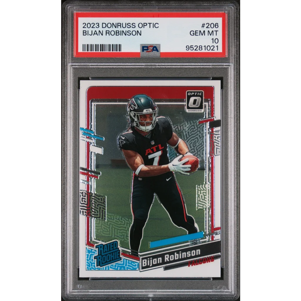 PSA graded 2023 Donruss Optic Bijan Robinson football rookie card on display