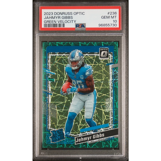 Graded 2023 Panini Donruss Optic Jahmyr Gibbs #236 Green Velocity Rookie RC Football Card PSA 10 Gem Mint | Hall of Fame Sports Memorabilia | vintageantiquesgifts.com