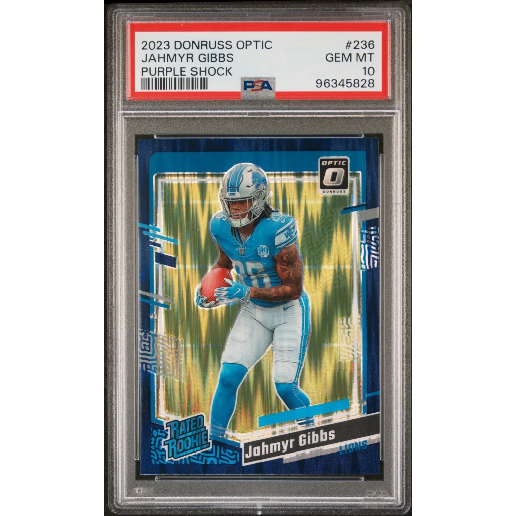Graded 2023 Panini Donruss Optic Jahmyr Gibbs #236 Purple Shock Rookie RC Football Card PSA 10 Gem Mint | Hall of Fame Sports Memorabilia | vintageantiquesgifts.com