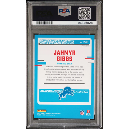 Graded 2023 Panini Donruss Optic Jahmyr Gibbs #236 Purple Shock Rookie RC Football Card PSA 10 Gem Mint | PSA 10 Gem Mint Graded Rookie Card | vintageantiquesgifts.com