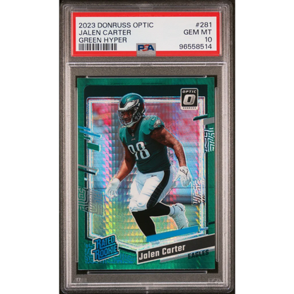 Graded 2023 Panini Donruss Optic Jalen Carter #281 Green Hyper Rookie RC Football Card PSA 10 | Hall of Fame Sports Memorabilia | vintageantiquesgifts.com