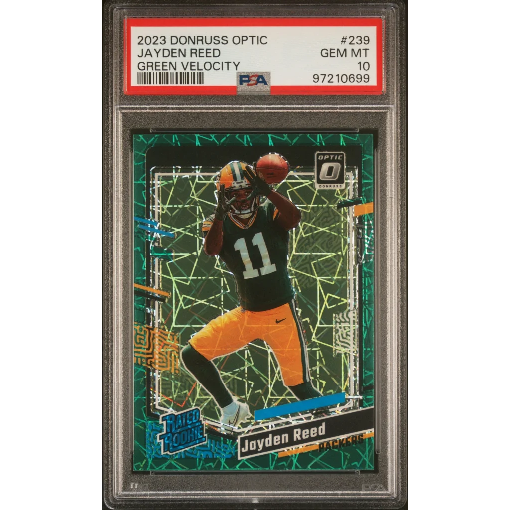 Graded 2023 Panini Donruss Optic Jayden Reed #239 Green Velocity Rookie RC Football Card PSA 10 Gem Mint