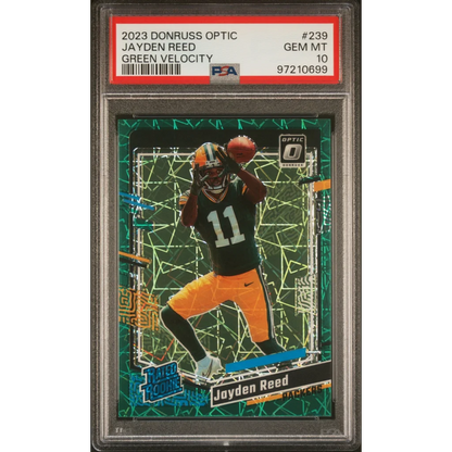 Graded 2023 Panini Donruss Optic Jayden Reed #239 Green Velocity Rookie RC Football Card PSA 10 Gem Mint