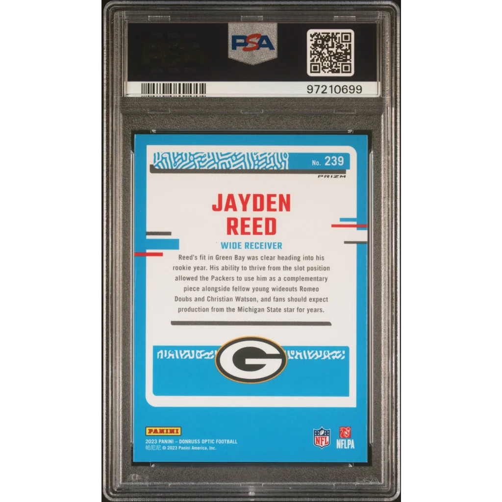 Graded 2023 Panini Donruss Optic Jayden Reed #239 Green Velocity Rookie RC Football Card PSA 10 Gem Mint