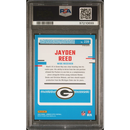 Graded 2023 Panini Donruss Optic Jayden Reed #239 Green Velocity Rookie RC Football Card PSA 10 Gem Mint