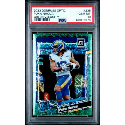 Graded 2023 Panini Donruss Optic Puka Nacua #238 Green Velocity Rookie RC Football Card PSA 10 Gem Mint | Hall of Fame Sports Memorabilia | vintageantiquesgifts.com