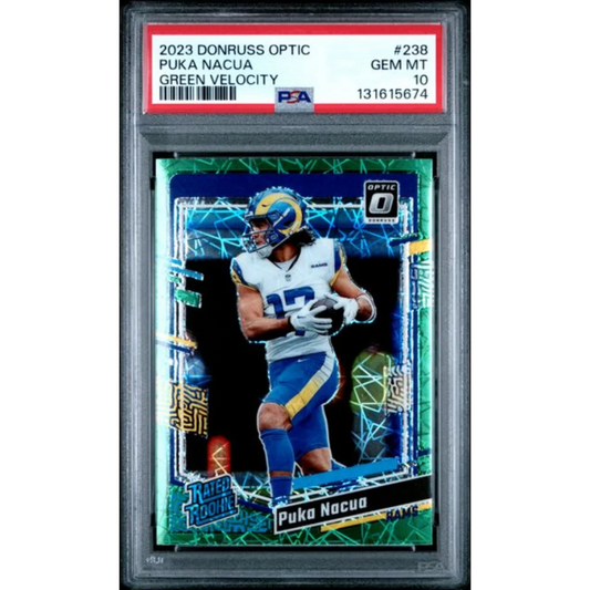 Graded 2023 Panini Donruss Optic Puka Nacua #238 Green Velocity Rookie RC Football Card PSA 10 Gem Mint | Hall of Fame Sports Memorabilia | vintageantiquesgifts.com