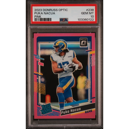 Graded 2023 Panini Donruss Optic Puka Nacua #238 Pink Rookie RC Football Card PSA 10 Gem Mint | Hall of Fame Sports Memorabilia | vintageantiquesgifts.com