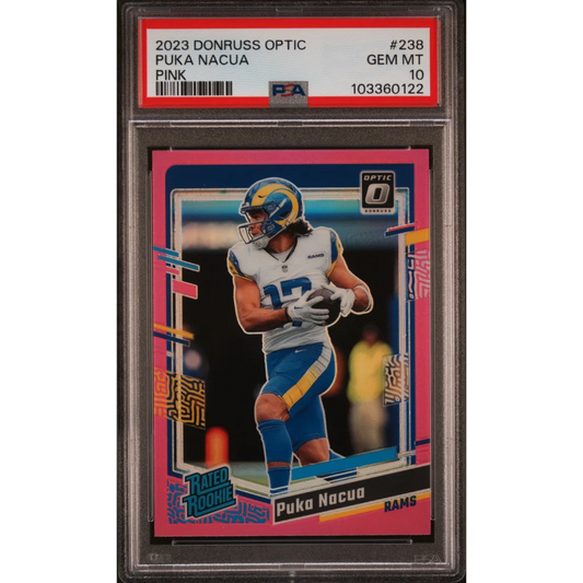 Graded 2023 Panini Donruss Optic Puka Nacua #238 Pink Rookie RC Football Card PSA 10 Gem Mint | Hall of Fame Sports Memorabilia | vintageantiquesgifts.com