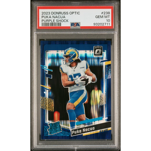 Graded 2023 Panini Donruss Optic Puka Nacua Purple Shock Rookie PSA 10