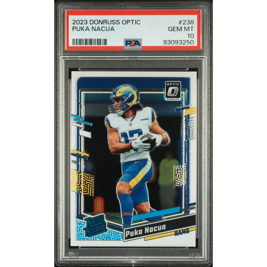 A graded 2023 Puka Nacua Donruss Optic rookie football card PSA GEM MT 10