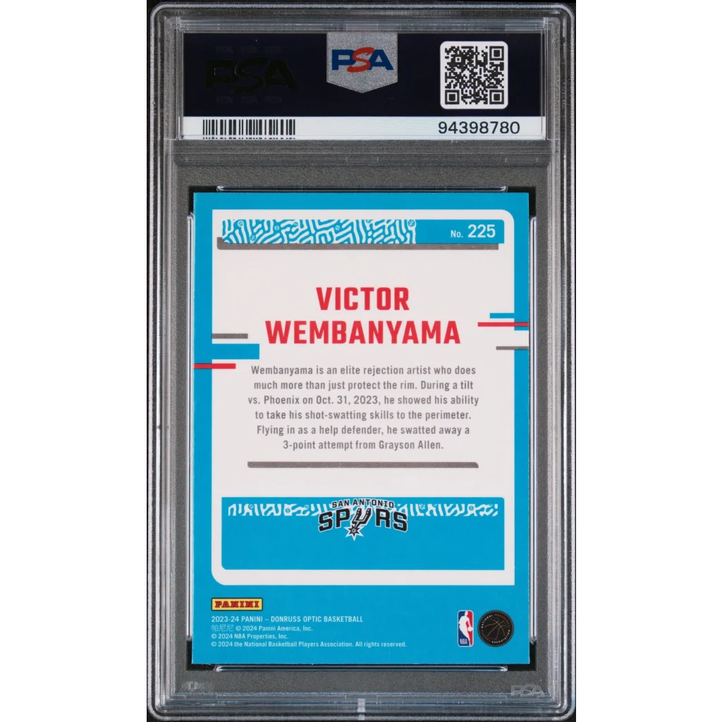 PSA 10 graded 2023 Panini Donruss Optic Victor Wembanyama rookie card in slab
