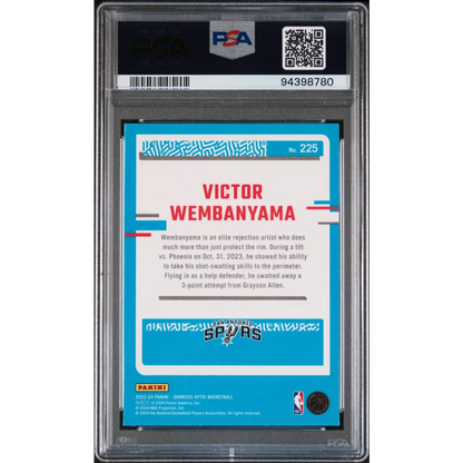 PSA 10 graded 2023 Panini Donruss Optic Victor Wembanyama rookie card in slab