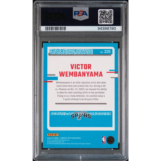 PSA 10 graded 2023 Panini Donruss Optic Victor Wembanyama rookie card in slab