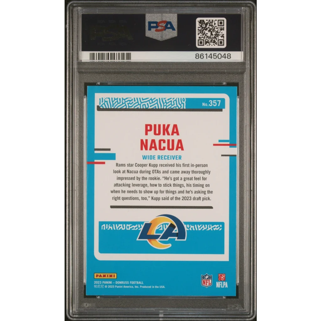 Graded Puka Nacua football rookie card by Professional Sports Authenticator in product display