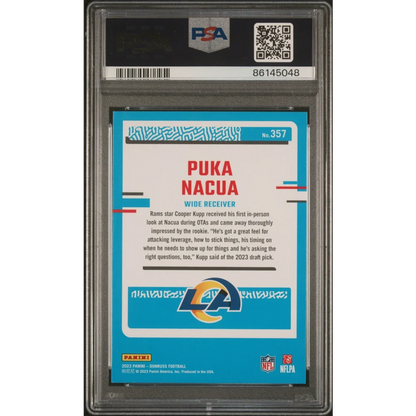 Graded Puka Nacua football rookie card by Professional Sports Authenticator in product display