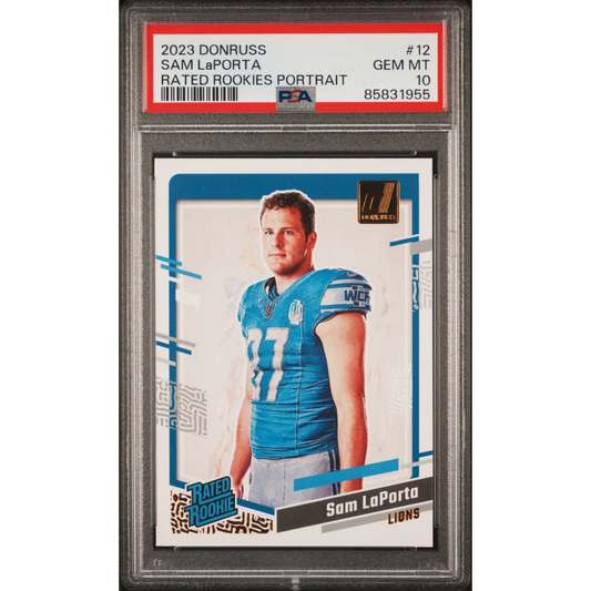 Graded 2023 Panini Donruss Sam LaPorta #12 Rated Rookies Portrait Rookie RC Football Card PSA 10 Gem Mint | Hall of Fame Sports Memorabilia | vintageantiquesgifts.com