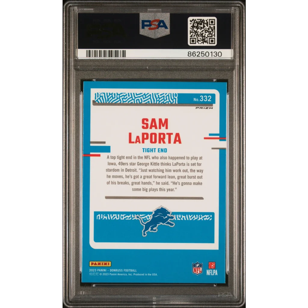 Graded 2023 Panini Donruss Sam LaPorta #332 Optic Preview Blue Scope Rookie RC Football Card PSA 10 Gem Mint | PSA 10 Gem Mint Graded Rookie Card | vintageantiquesgifts.com