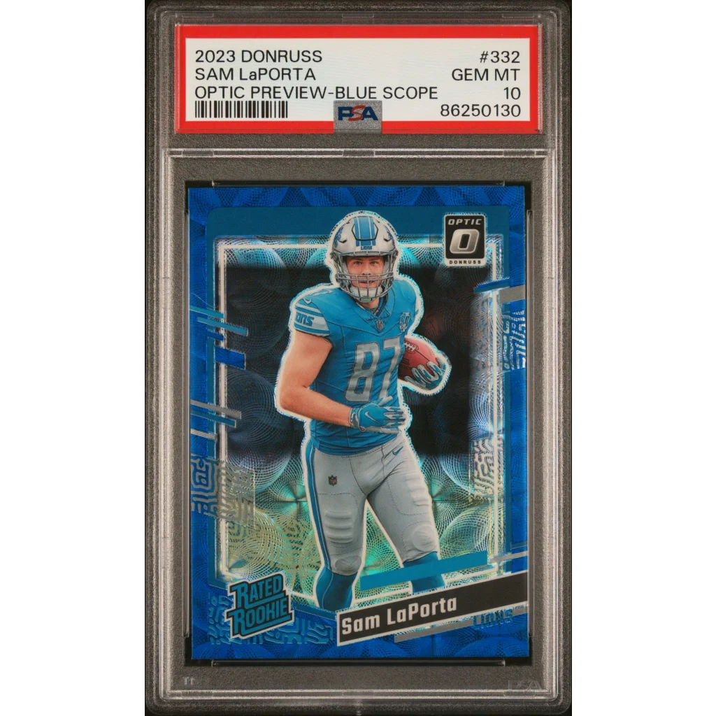 Graded 2023 Panini Donruss Sam LaPorta #332 Optic Preview Blue Scope Rookie RC Football Card PSA 10 Gem Mint | Hall of Fame Sports Memorabilia | vintageantiquesgifts.com