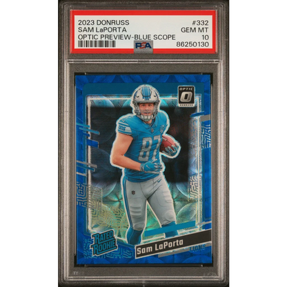 Graded 2023 Panini Donruss Sam LaPorta #332 Optic Preview Blue Scope Rookie RC Football Card PSA 10 Gem Mint | Hall of Fame Sports Memorabilia | vintageantiquesgifts.com