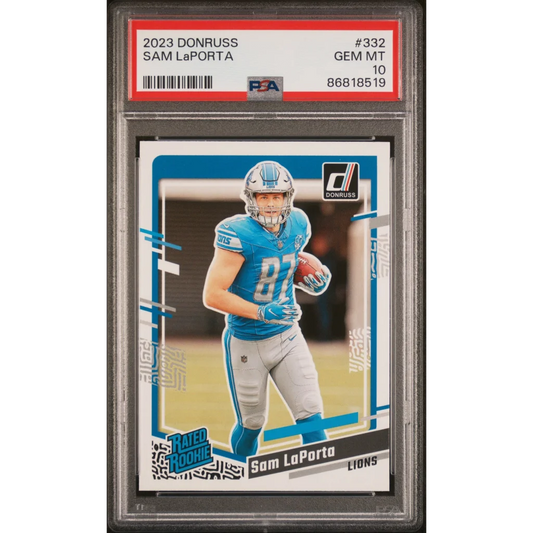 Graded 2023 Panini Donruss Sam LaPorta #332 Rookie RC Football Card PSA 10 Gem Mint | Hall of Fame Sports Memorabilia | vintageantiquesgifts.com