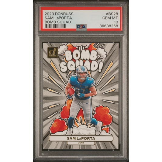 Graded 2023 Panini Donruss Sam LaPorta #BS28 Bomb Squad Rookie RC Football Card PSA 10 Gem Mint | Hall of Fame Sports Memorabilia | vintageantiquesgifts.com