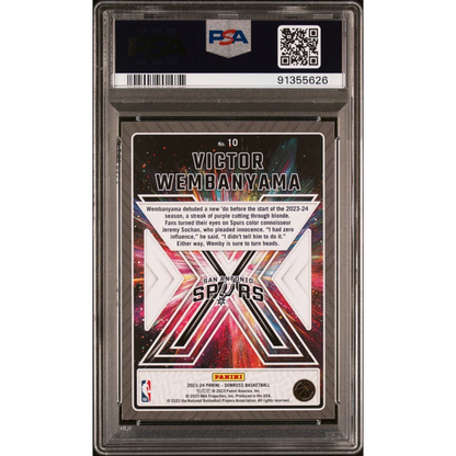 Back side of graded 2023 panini donruss victor wembanyama spurs rookie basketball card with vibrant purple pink cosmic design