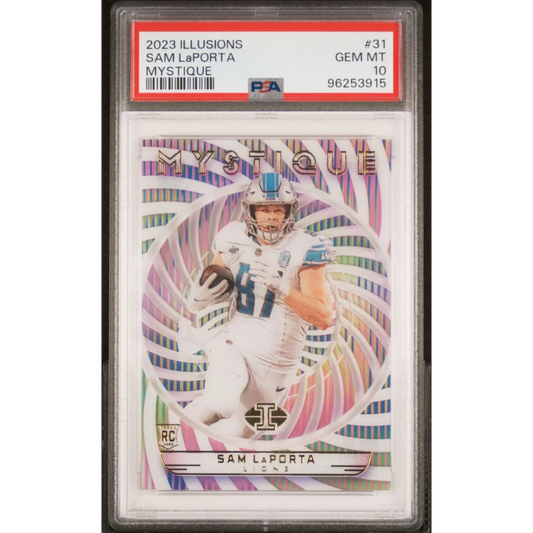 A graded 2023 Illusions Sam LaPorta Mystique football rookie card in PSA holder