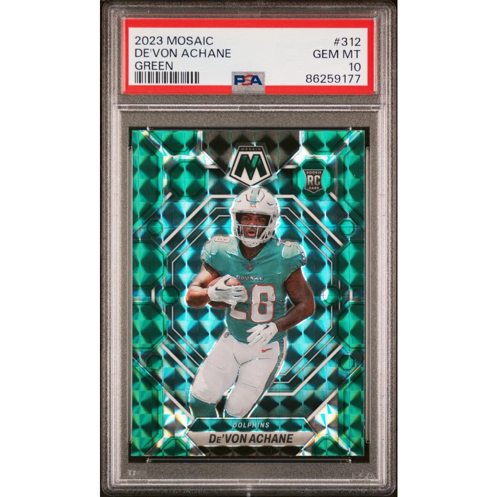 Graded 2023 Panini Mosaic De’Von Achane #312 Green RC PSA 10 Gem Mint card