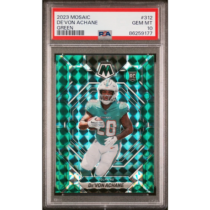 Graded 2023 Panini Mosaic De’Von Achane #312 Green RC PSA 10 Gem Mint card