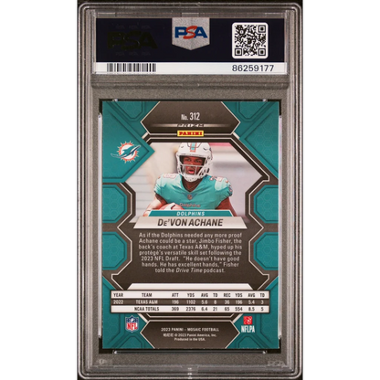 PSA 10 Graded 2023 Panini Mosaic De’Von Achane #312 Green Rookie Dolphins RC Card