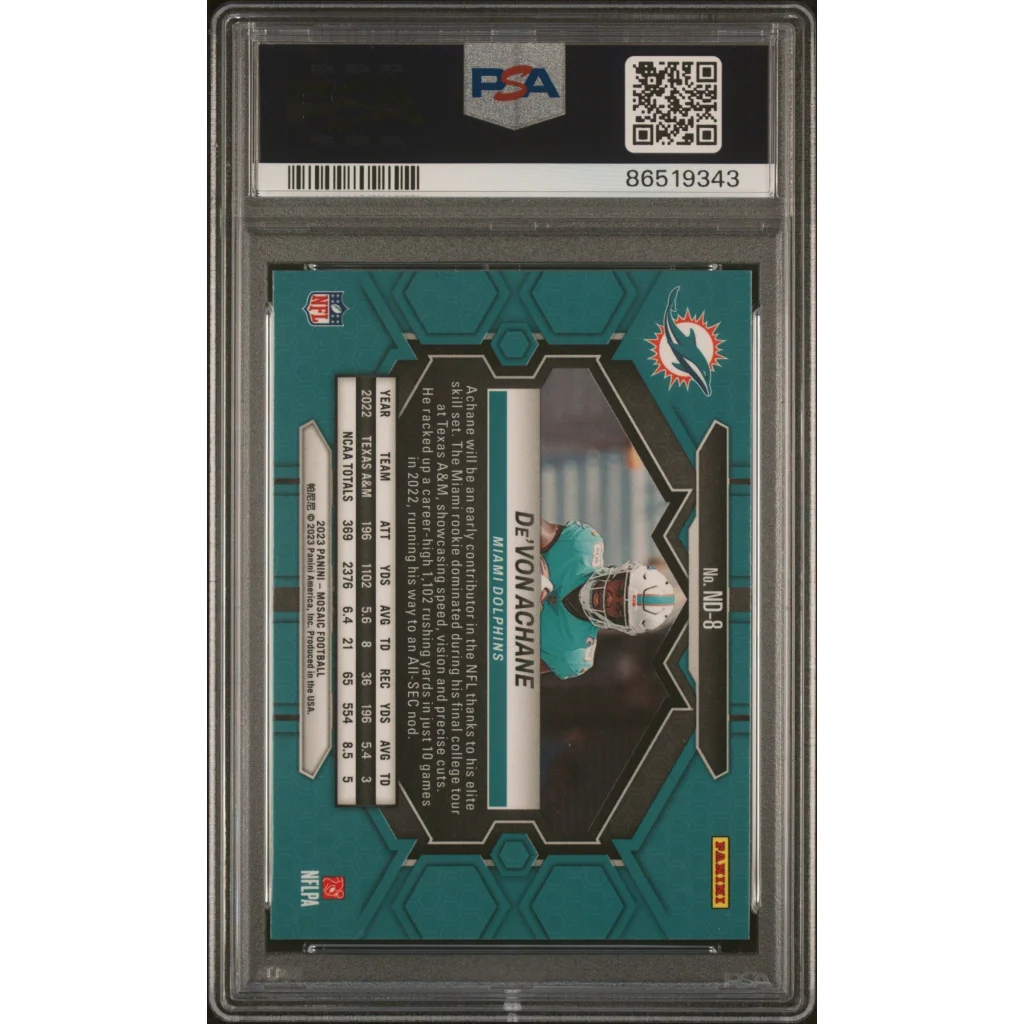 PSA graded 2023 Mosaic DeVon Achane NFL debut football trading card