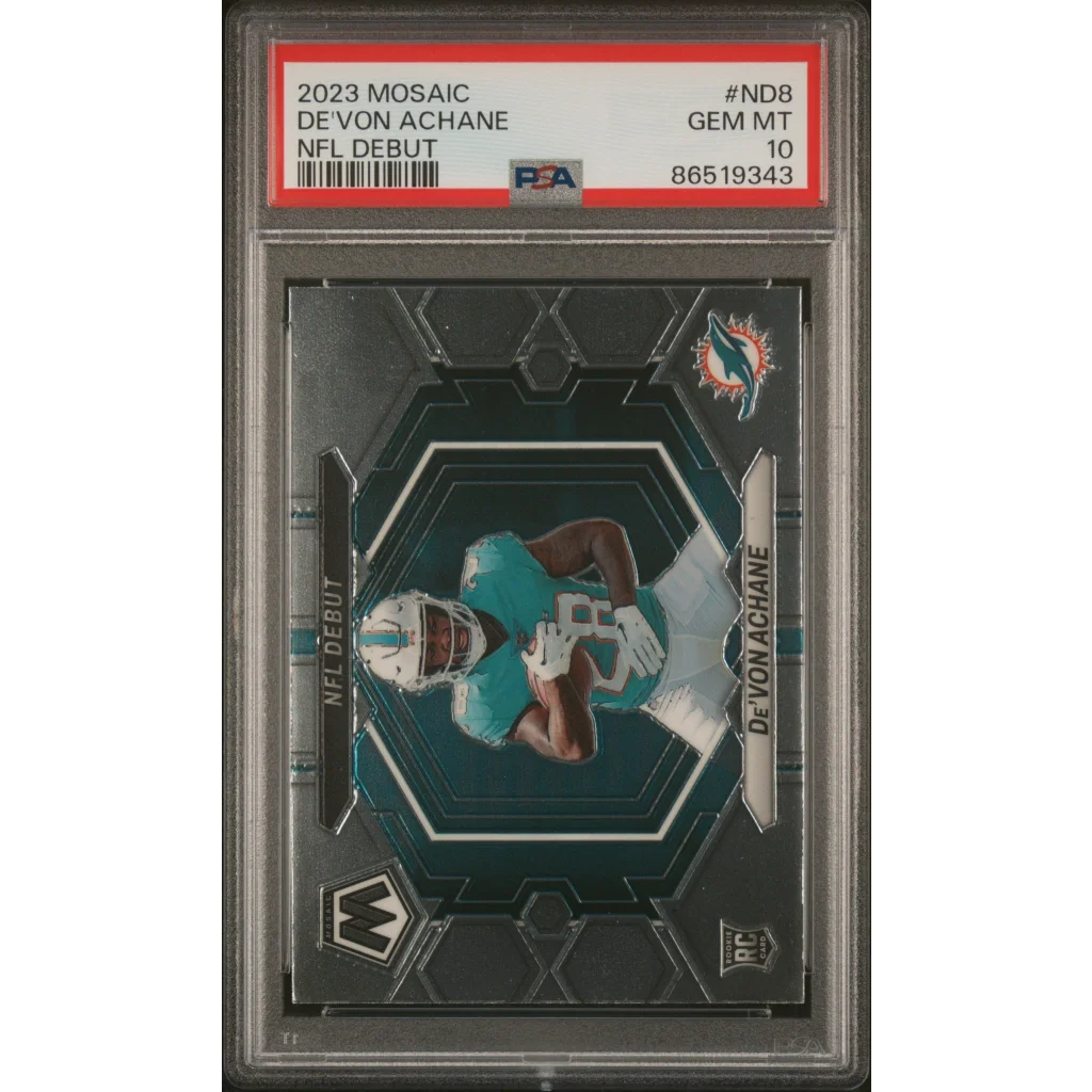 PSA Graded 2023 Mosaic DeVon Achane NFL Debut football card on display
