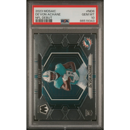 PSA Graded 2023 Mosaic DeVon Achane NFL Debut football card on display