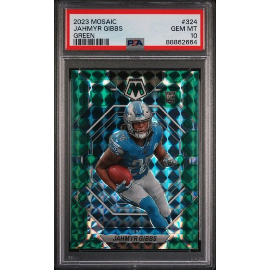 Graded 2023 Panini Mosaic Jahmyr Gibbs #324 Green Rookie RC Football Card PSA 10 Gem Mint | Hall of Fame Sports Memorabilia | vintageantiquesgifts.com