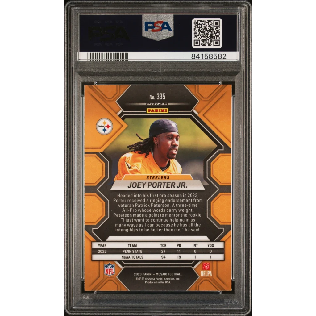 PSA Graded Joey Porter Jr 2023 Mosaic Reactive Yellow Football Card on display