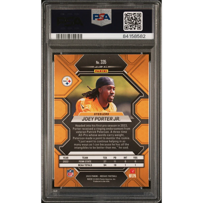 PSA Graded Joey Porter Jr 2023 Mosaic Reactive Yellow Football Card on display