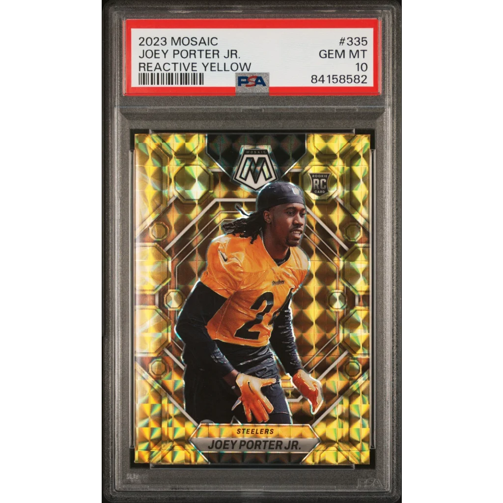 PSA Graded Joey Porter Jr 2023 Mosaic Reactive Yellow football card on display